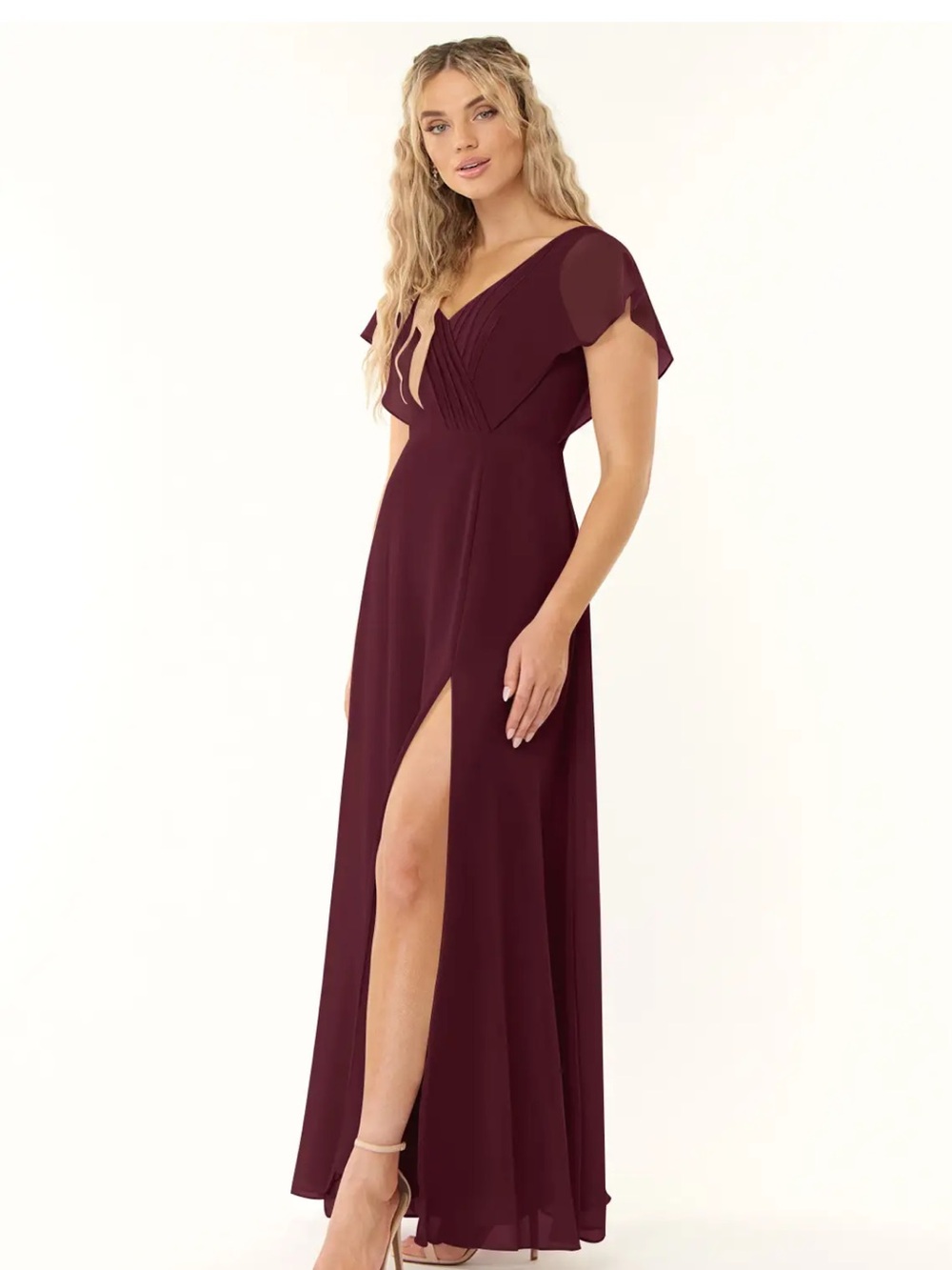 Azazie Rylee Flutter Sleeve V-Neck Slit Evening Dress - Cabernet NWT